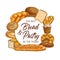 Bread and pastry shop, baked food products, sketch