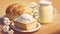 bread with poached egg, milk in glass jar and flowers, illustrative still life, wallpaper