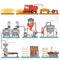 Bread production process stages from wheat harvest to freshly baked bread vector Illustrations