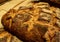 Bread rests on the counter of the store close-up