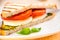 Bread sandwich with cheese, tomato. Healthy vegetarian snacks.