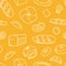 Bread seamless pattern. Bakery doodle products, baguette, croissant and bagel. Cartoon white elements on yellow, decor textile,