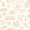 Bread seamless pattern. Bakery doodle products, baguette, croissant and bagel. Cartoon yellow elements on white, decor textile,