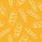 Bread seamless pattern. Bakery doodle products, long loaf bread, french baguette. Cartoon white elements on yellow, decor textile