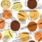 Bread, seamless pattern with bakery products, french baguette, croissant and bun