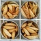 Bread snacks in small cubes ready to taste in catering