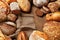 Bread Variety Still Life. Bakery Food On Wooden Table