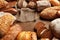 Bread Variety Still Life. Bakery Food On Wooden Table