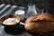 bread, wheat flour, salt and water in glass jug