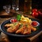 Breaded chicken and fries served with red dipping sauce