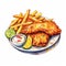 Breaded fish and chips. Hand drawn watercolor illustration