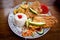 Breaded fish served with rice and plantain chips