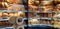 Breads and bagels on bakery front store in greece