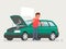 Breakdown of the car on the road. A man calls the service to help. Vector illustration