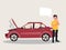 Breakdown of the car on the road. A man calls the service to help. Vector illustration