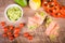 Breakfast: avocado toast with salmon On Wooden Background.