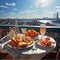 Breakfast on a balcony in New York. Luxury tourist resort breakfast in hotel room.1