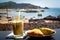 Breakfast on the beach. A sandwich and a coffee cocktail on the table in the restaurant on background of the sea