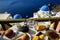 Breakfast with beautiful Aegean sea view, boat and Oia church including pancake, baguette, croissant, hot tea, chocolate brioche