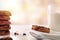 Breakfast with biscuits with chocolate on white table in kitchen