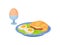 Breakfast with boiled eggs, fresh croissant sandwich and lettuce leaves. Delicious morning meal. Flat vector design