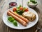 Breakfast - boiled sausages, cottage cheese, bun with mayonnaise and fresh vegetables served on wooden table