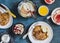 Breakfast - caramel french toast with banana, cottage cheese with granola and pomegranate, oatmeal porridge, fresh grapefruit on