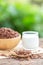 Breakfast cereal, Puffed rice with cocoa in bowl and glass of mi