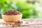 Breakfast cereal, Puffed rice with cocoa in bowl on wooden table