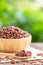 Breakfast cereal, Puffed rice with cocoa in bowl on wooden table