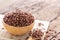 Breakfast cereal, Puffed rice with cocoa in bowl on wooden table