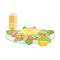 Breakfast with cesar salad with bacon, dressing, juice vector illustration