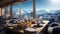 Breakfast in a chic bedroom in an ecological chalet hotel in an alpine ski resort overlooking the snowy landscape and