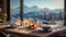 Breakfast in a chic bedroom in an ecological chalet hotel in an alpine ski resort overlooking the snowy landscape and