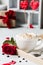 Breakfast coffee love heart red rose setting with white mug and gift box in Valentine`s day setting