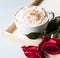 Breakfast coffee love heart red rose setting with white mug and gift box in Valentine`s day setting