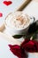 Breakfast coffee love heart red rose setting with white mug and gift box in Valentine`s day setting