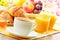 Breakfast with coffee, orange juice, croissant, egg, vegetables