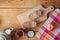 Breakfast composition on wooden background