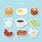 Breakfast concept with fresh food and drinks flat icons set vector illustration