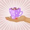 Breakfast concept, warm morning coffee, hot drink, aroma cappuccino, hold warm mug, design, cartoon style vector