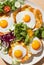 Breakfast containing fried eggs, salat, pancakes, and coffee. Image generated by AI.