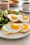 Breakfast containing fried eggs, salat, pancakes, and coffee. Image generated by AI.