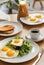 Breakfast containing fried eggs, salat, pancakes, and coffee. Image generated by AI.