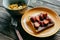 Breakfast with corn flakes and toast with strawberries