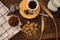 Breakfast cup coffe espresso black cereals muffin milk chocolate pieces on table morning food