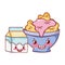 Breakfast cute bowl with cereal yogurt and milk box cartoon