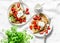 Breakfast, dessert table - crepes with strawberries and cream on a white background, top view.