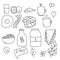 Breakfast doodles set, popular breakfast food and some utensils, drinks and food items for morning meal