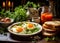 breakfast with eggs, toast and vegetables on the table